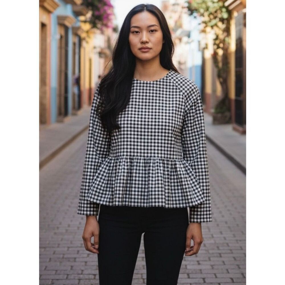 Victoria Beckham for Target Gingham Peplum Blouse Large Black White Long Sleeve